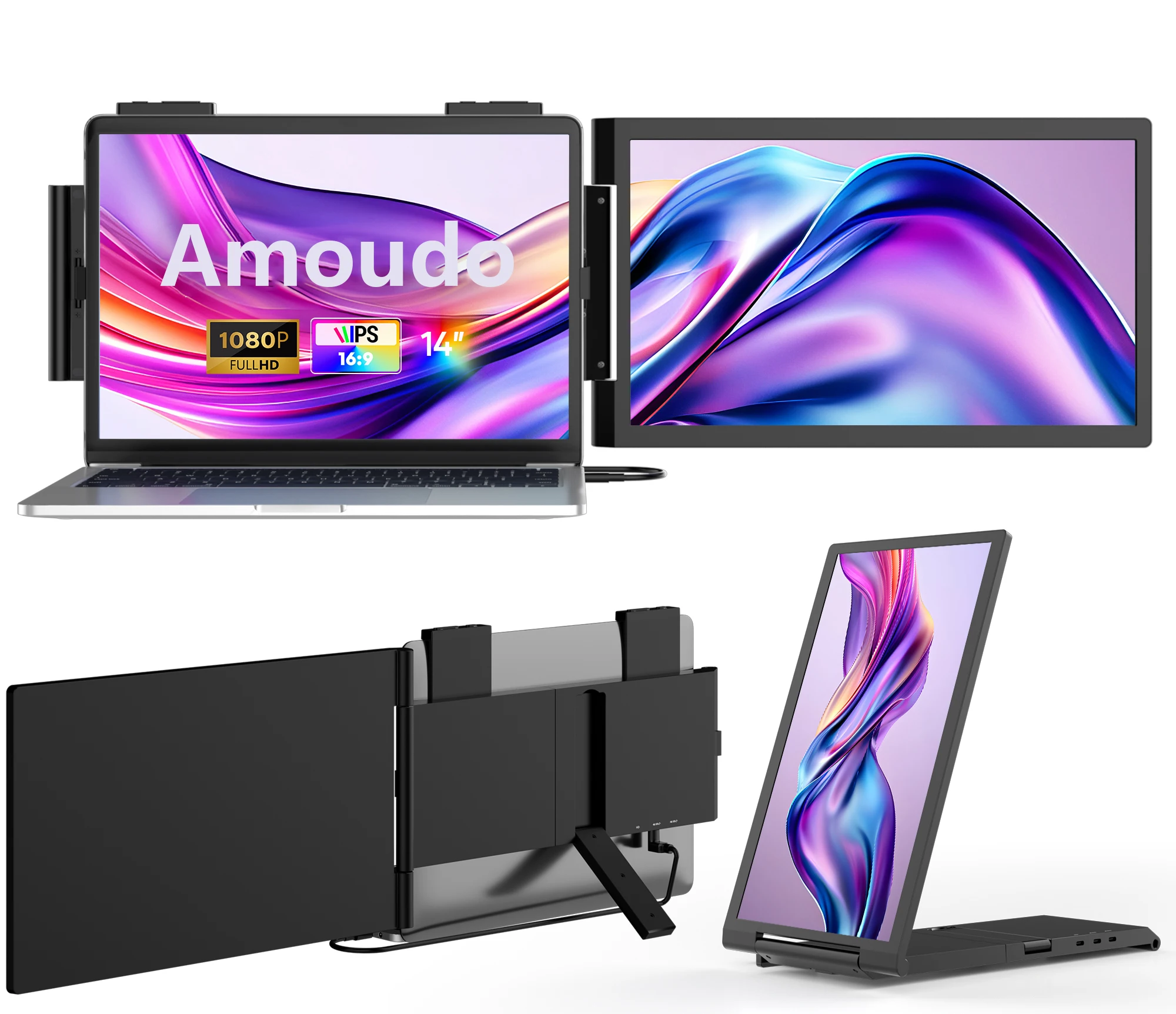 מסך נייד Amoudo בגודל 14 אינץ 'FHD 1080P IPS מסך מחשב נייד מורחב מסך כפול עבור מחשב נייד Windows Mac Android