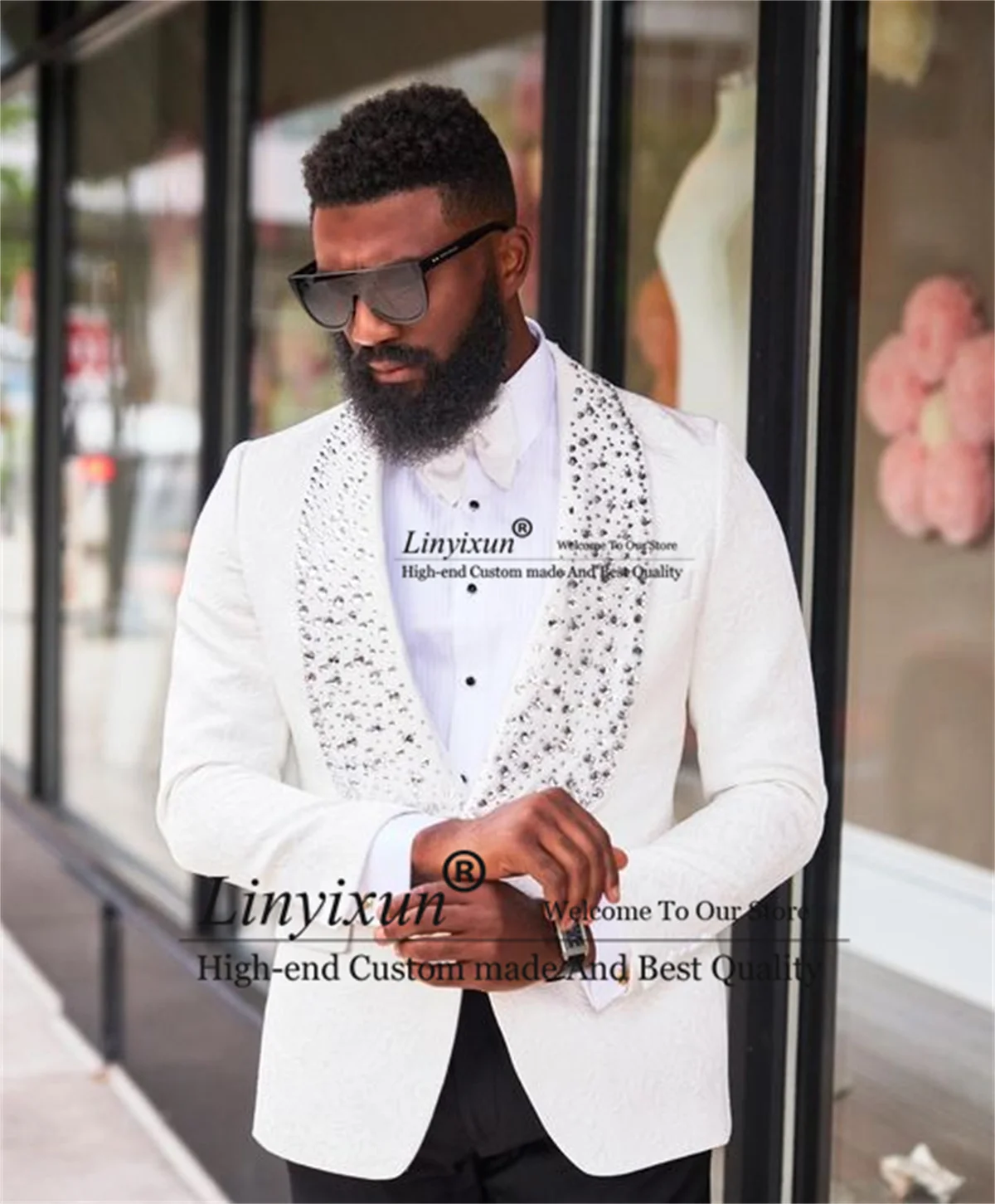 

Fashion Jacquard Men Suits Beaded Crystals Lapel Groom Tuxedos 2 Pieces Set Male Party Blazers Slim Fit Wedding Costume Homme