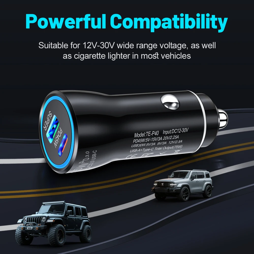 Dual Port 45W Fast Charging Car Adapter with Blue LED
