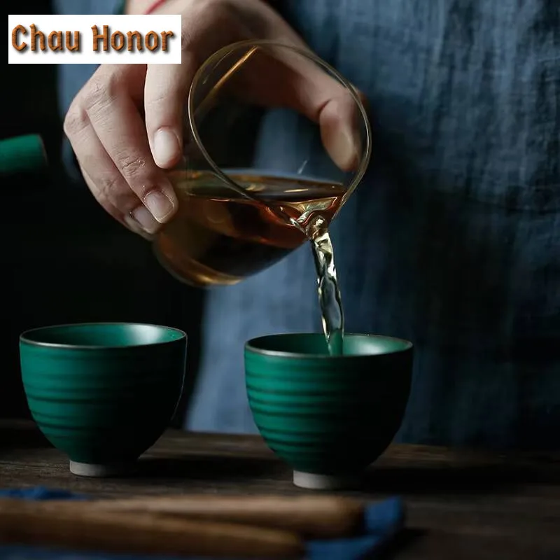 2pcs /Set 45ml Japanese Style Turquoise Coarse Ceramic Kungfu Tea Cup Small Tea Cup Single Cup Household Tea Bowl Drinkware Gift