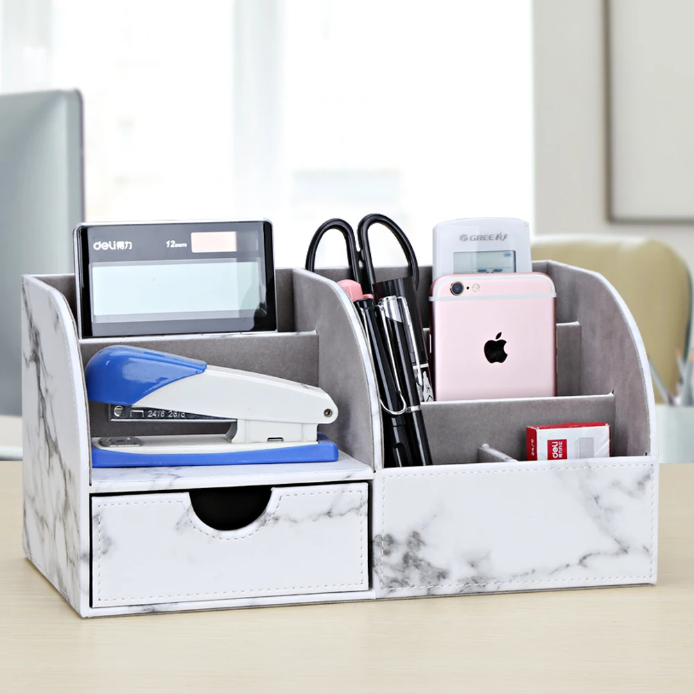 Half PU Leather Office Stationery Desk Organizer 6 Compartments Large Storage Boxes Wooden Pen Holder Pencil Organizer Case pen holder stationery organizer