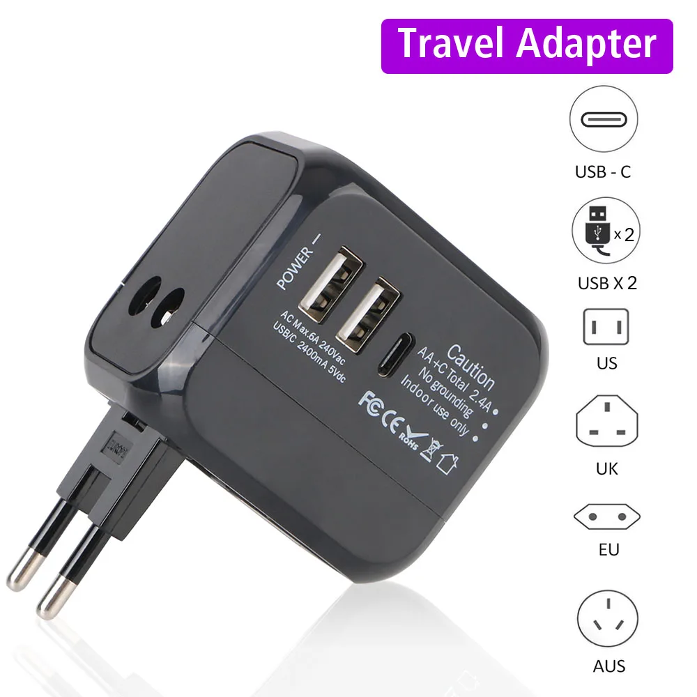 US EU UK AU plug Universal All-in-one Wall Charger Travel Charger 6A with 2 USB Port and 1 Type C Travel Adapter