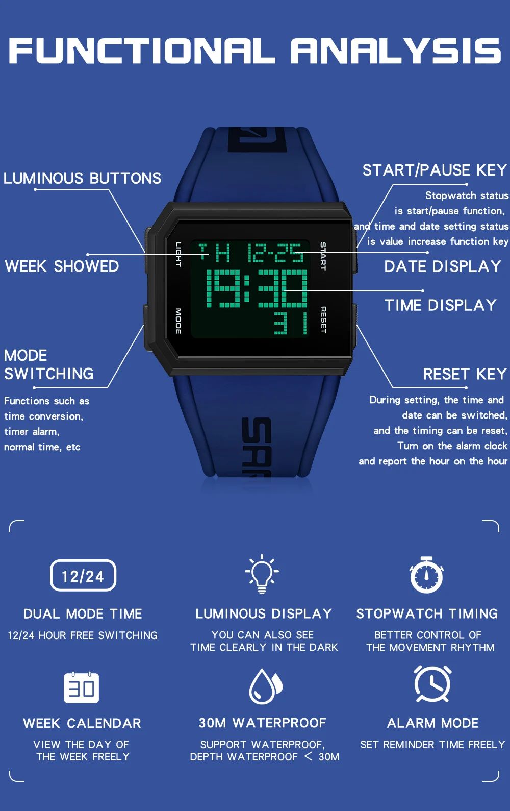 SANDA Fashion New Sport Men's Watches Multifunction Waterproof Digital Watch Men Wristwatch Clock Male Relogio Masculino 9003
