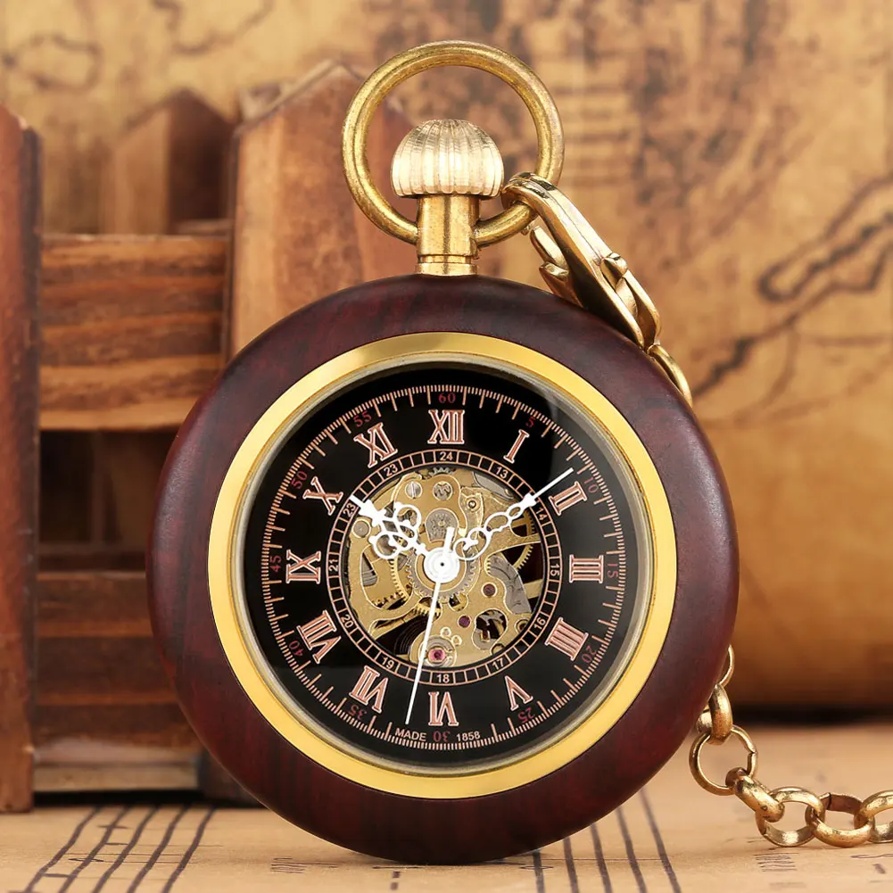 

Red Wood Pocket Watch Mechanical Hand-winding Roman Numerals Open Face Dial Luxury Vintage Pendant Pocket Fob Chain Clock Men