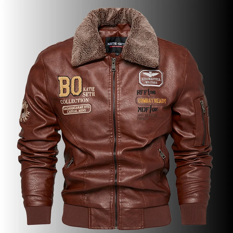 

Air Force Winter Fleece PU Leather Jacket Men Casual Zipper Biker Jackets Male Motorcycle Slim Fit Fur Lined Outwear Coats