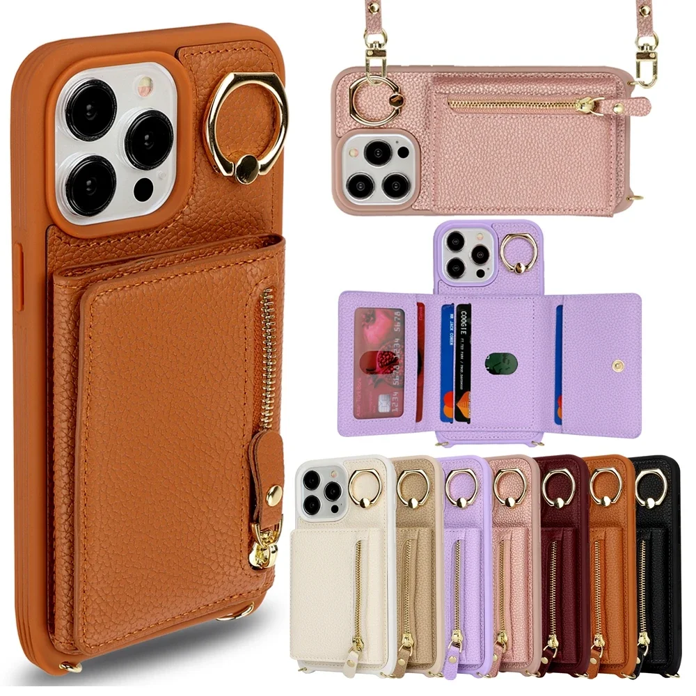 Elegant Crossbody Leather Wallet Case with Ring Holder and Zippered Card Pocket