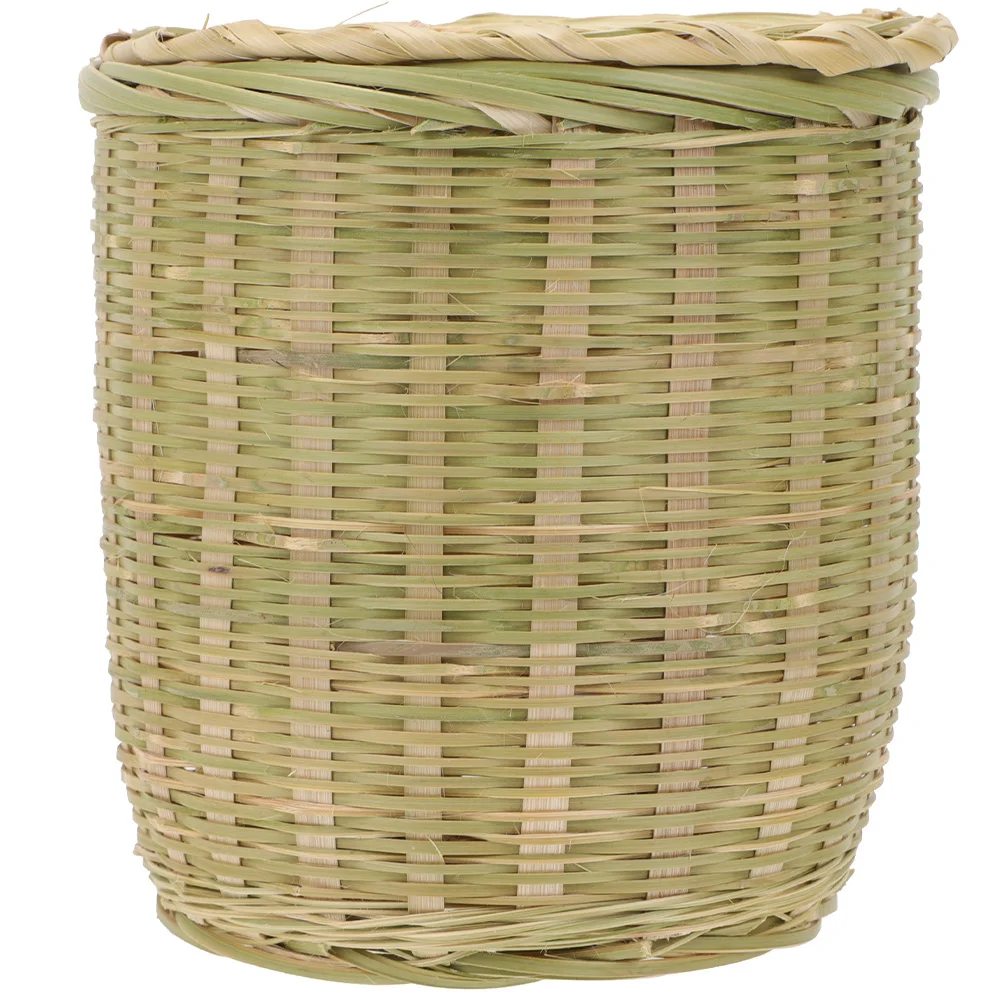 

Bamboo Trash Can with Lid Baskets Wicker Hamper Storage Home Woven Wastebasket Seafood