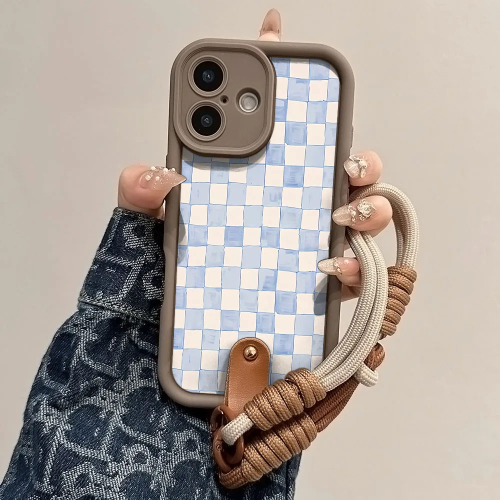 Watercolor Grid Checkered Lanyard Phone Strap Case