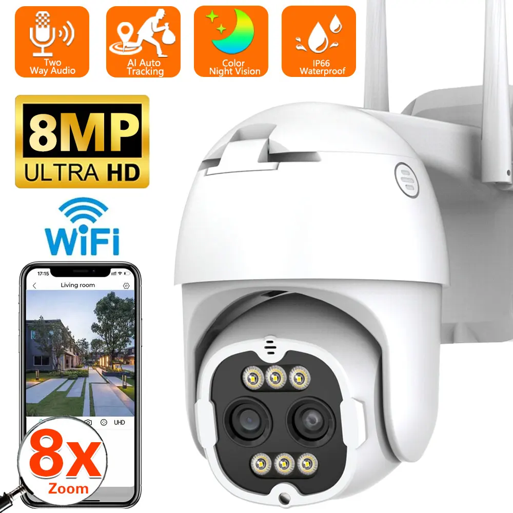 

8MP Dual Lens WiFi Camera 4K Outdoor PTZ IP Cam Security Protection CCTV Video Surveillance Auto Tracking 8X Zoom ICsee XMeye