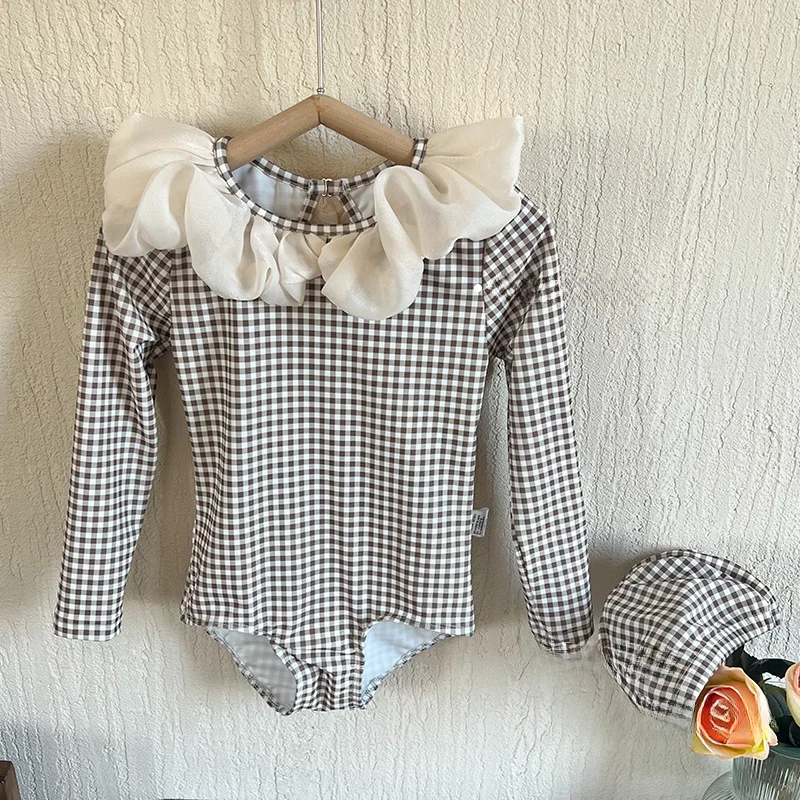 

Summer Kids Swimming Suit Patchwork Lace Collar Swimsuit Little Plaid Girls Long Sleeve Beach Swimwear