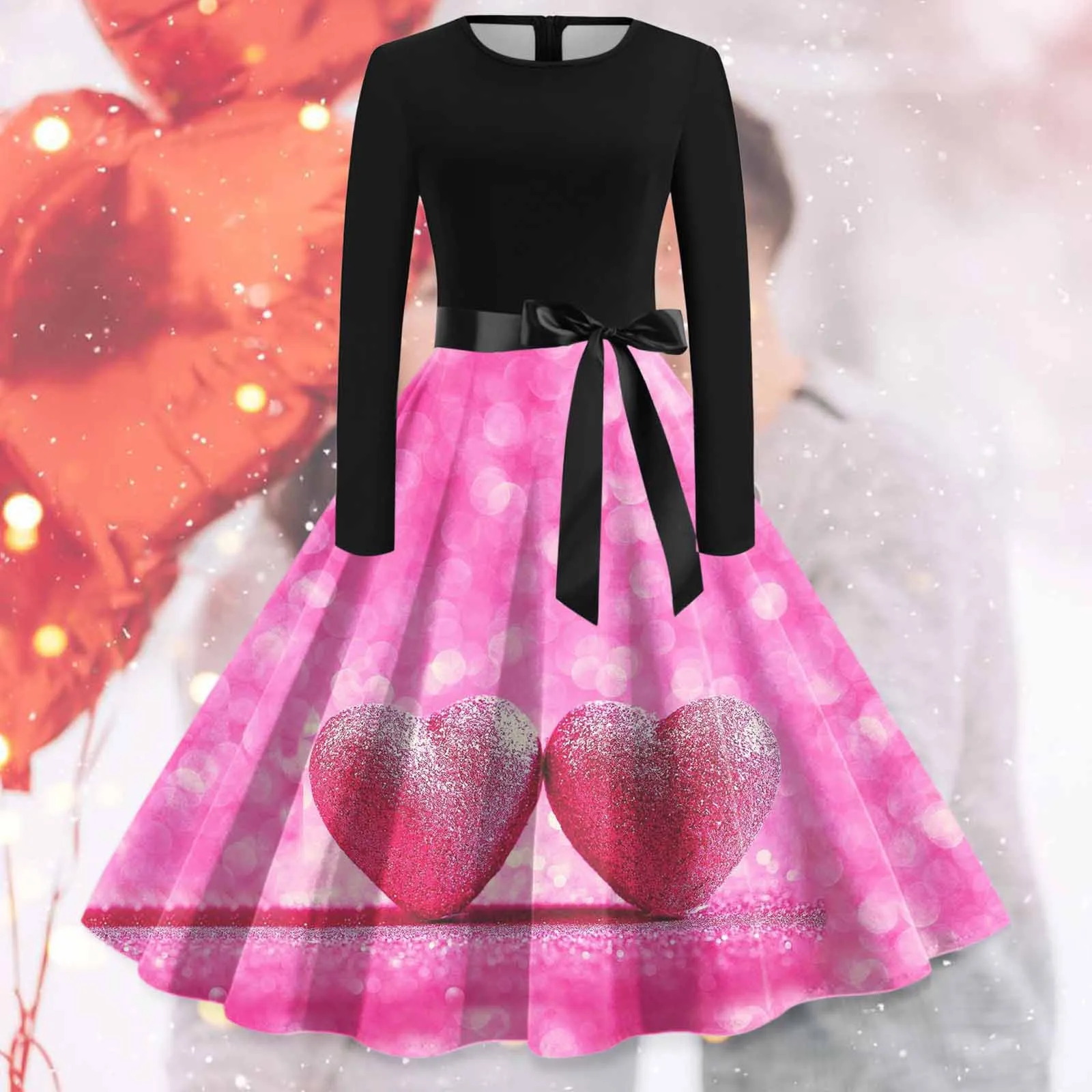 

Women Vintage Long Sleeve O Neck Valentine's Day Print 1950s Petite Maxi Dress for Short Women Smocked Dresses for Women