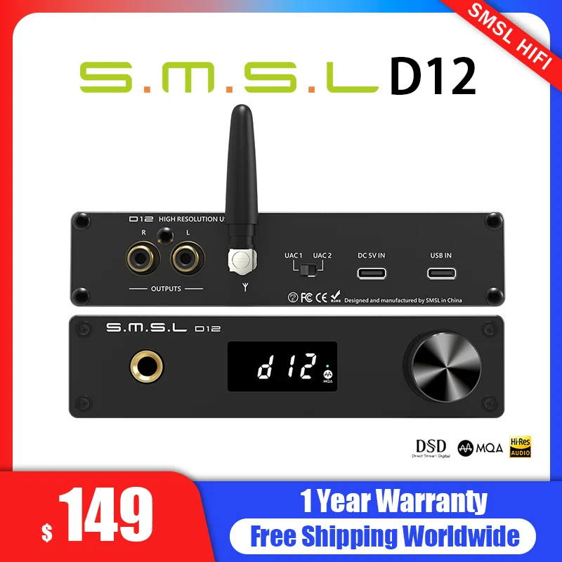 

SMSL D12 Audio Decoder Ak4493s Bluetooth5.0 Headphone Amplifier 6.35mm Output MQA XU316 Dsd512 32Bit/768khz DAC for Ps5 Switch