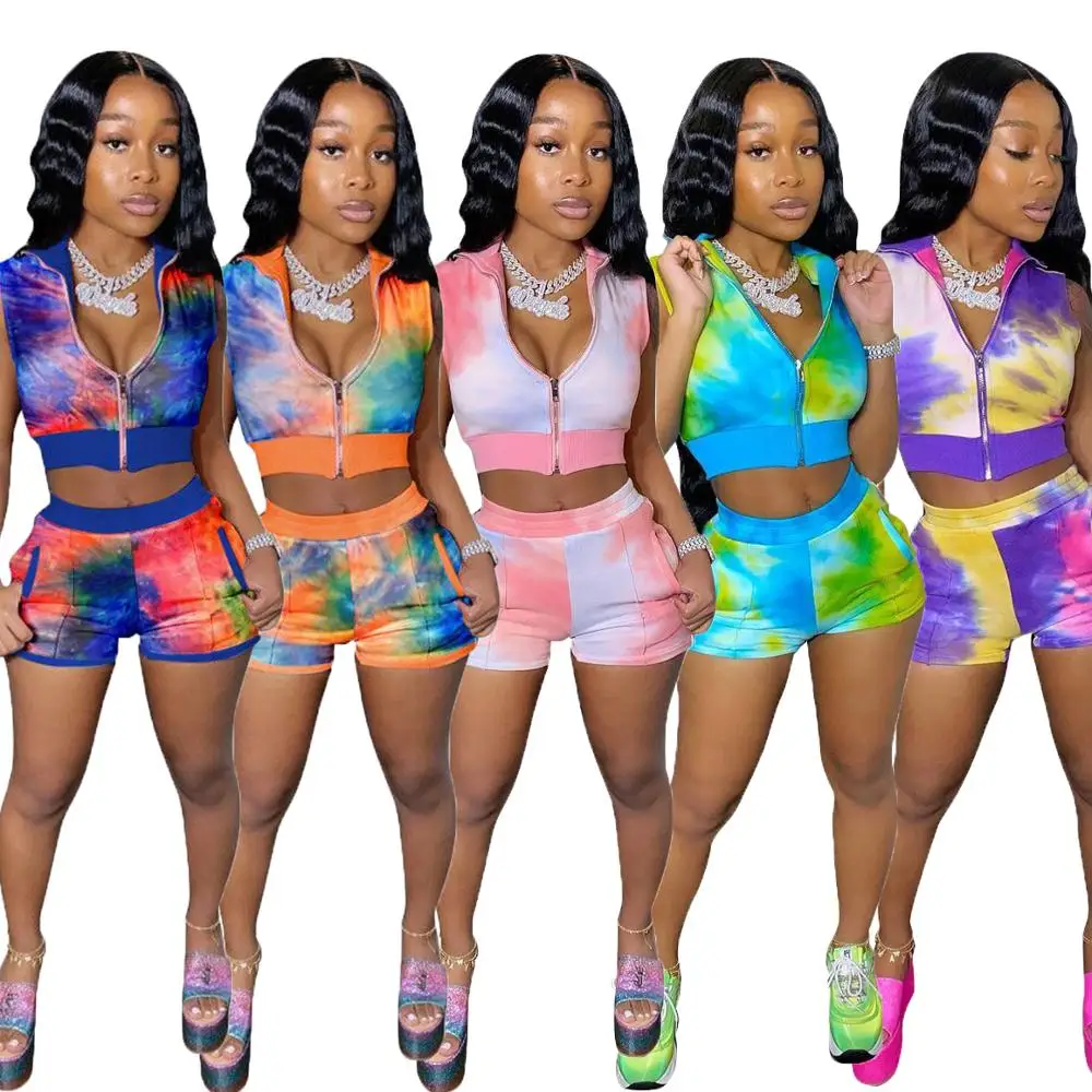 Tie Dye Zipper Up Blouses Tops Shorts 