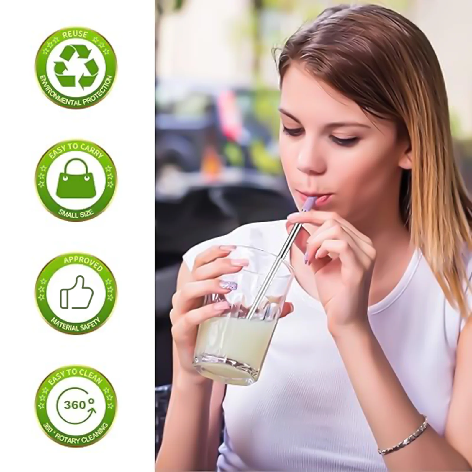 Eco-Friendly Reusable Retractable Straw Set with Portable Cleaning Brush and Keychain Holder