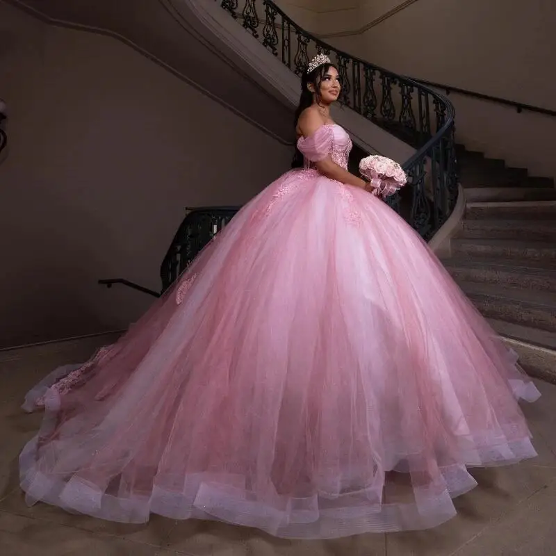 Quinceanera Dresses Pink Off Shoulder Ball Gown Beading Crystal Lace Appliques Tull Sweet 16 15 Birthday
