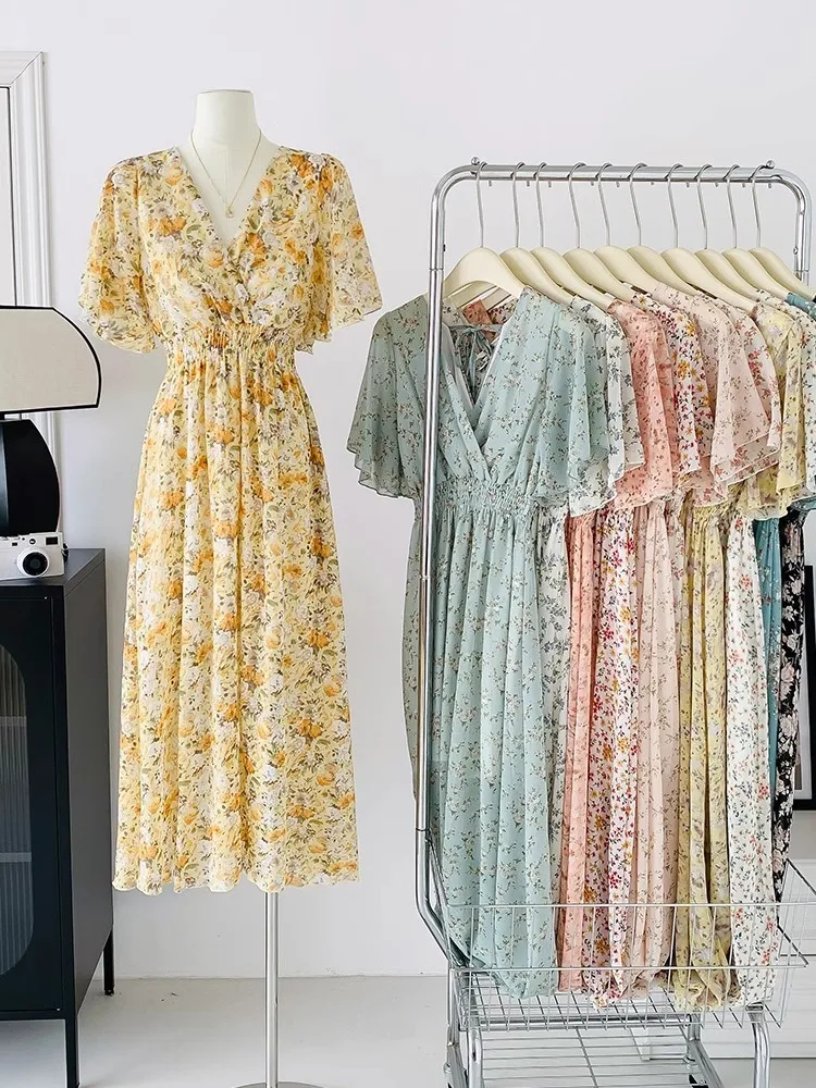 2025 Summer Women Ruffled Short-sleeved Chiffon Dress V-neck High