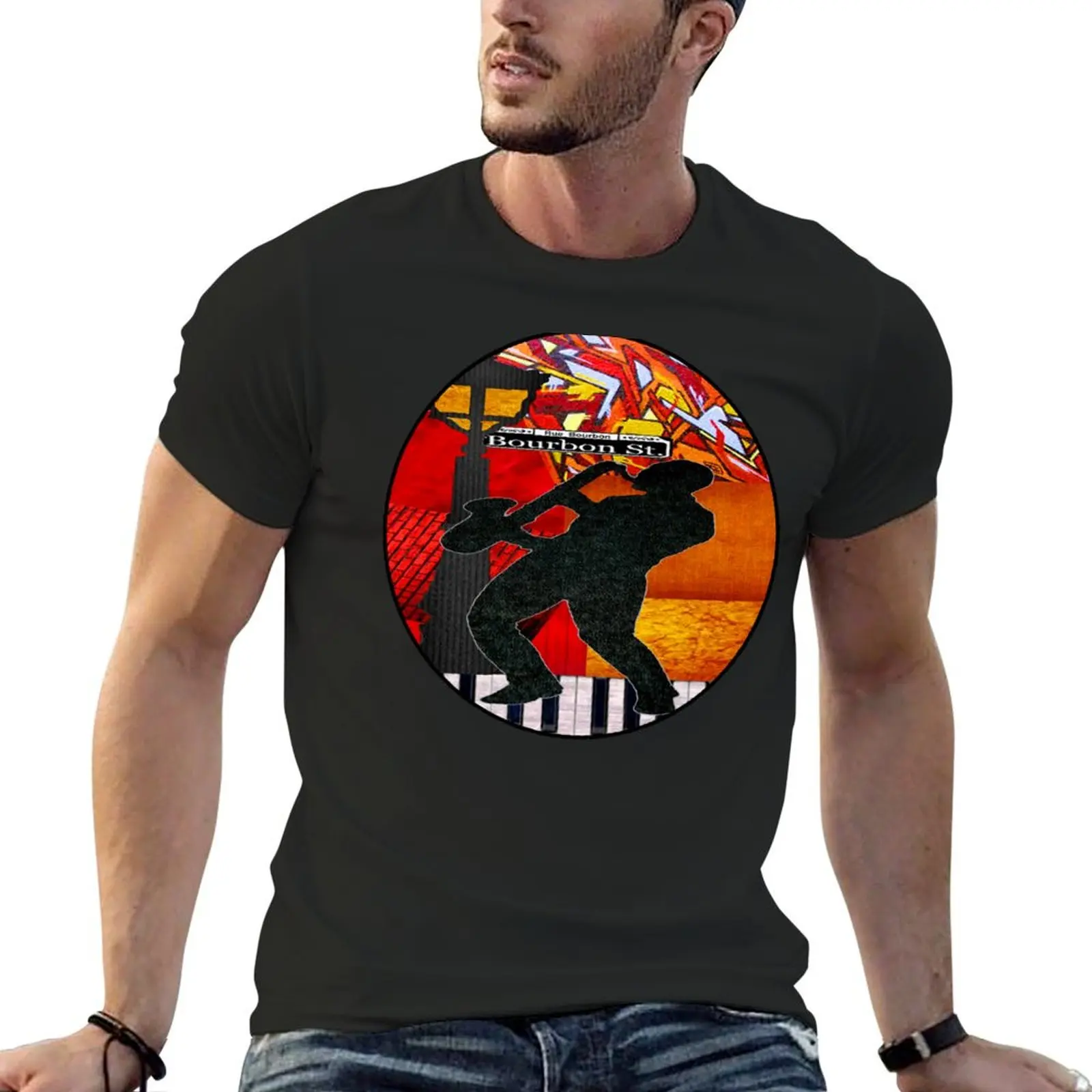 Bourbon St. Jazz Saxophone Player T-Shirt basketball graphic tees man clothes sublime mens graphic t-shirts big and tall
