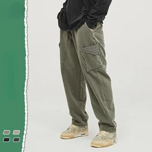 

Men's Spring and Autumn New Street Washed Loose Edge Terry Pocket Baggy Pants High Street Fashionable Sweatpants Men 2238