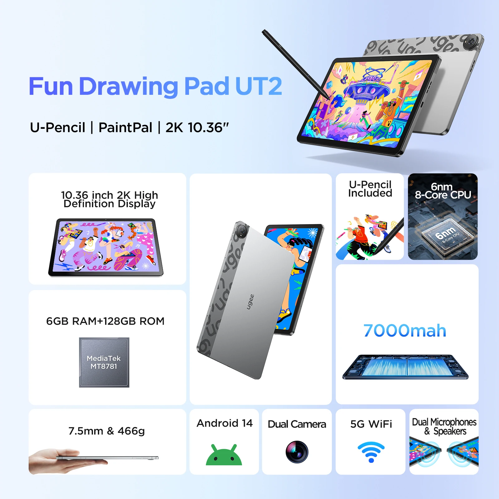 UT2 Fun 10.36-inch Drawing Pad Standalone No Computer Needed 2K Display Graphics Tablet Monitor 4096 Levels Android 14 System 2