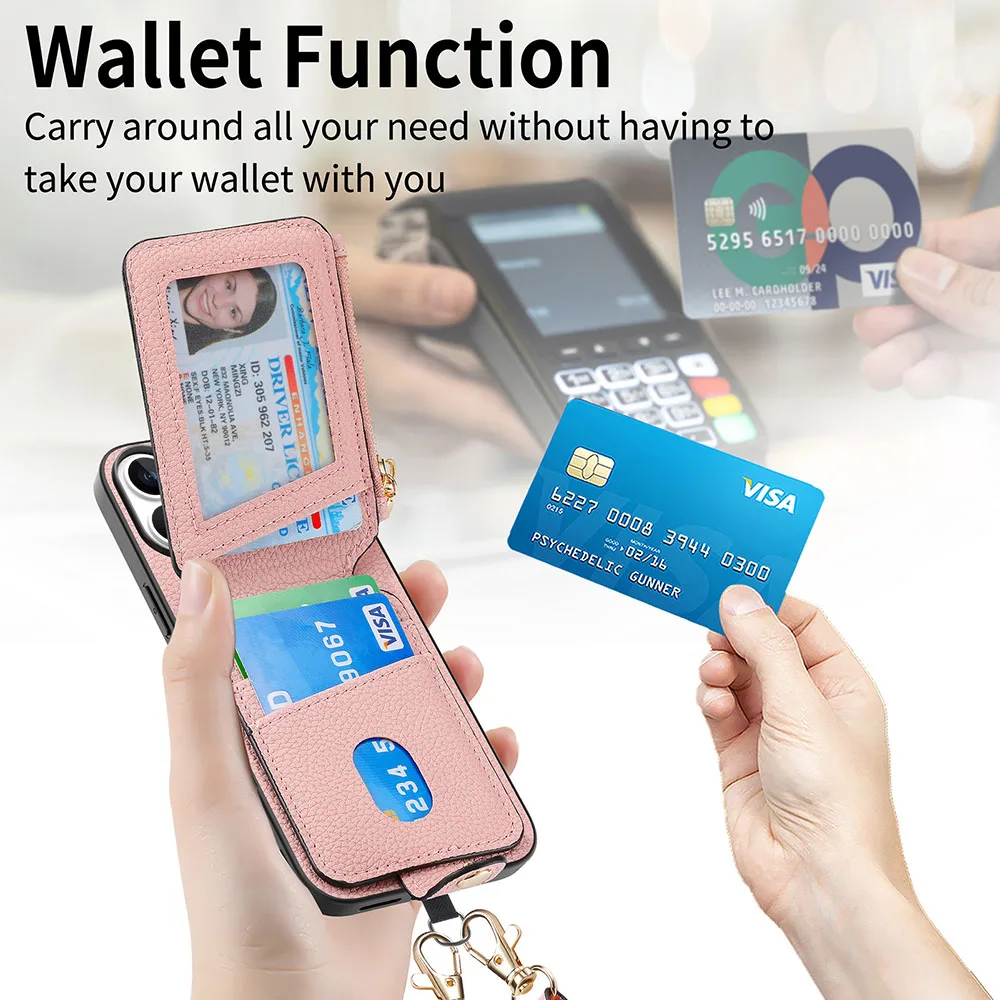 Zipper Wallet Phone Case - Leather Card Holder Cover with Lanyard