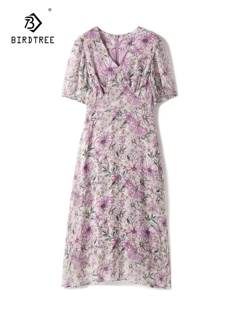 

BirdTree, 100%Mulberry Silk Elegant Dresses, Women Short Sleeve Flower Printed, French OL Tea Break Dress, 2024 Summer D44097QC