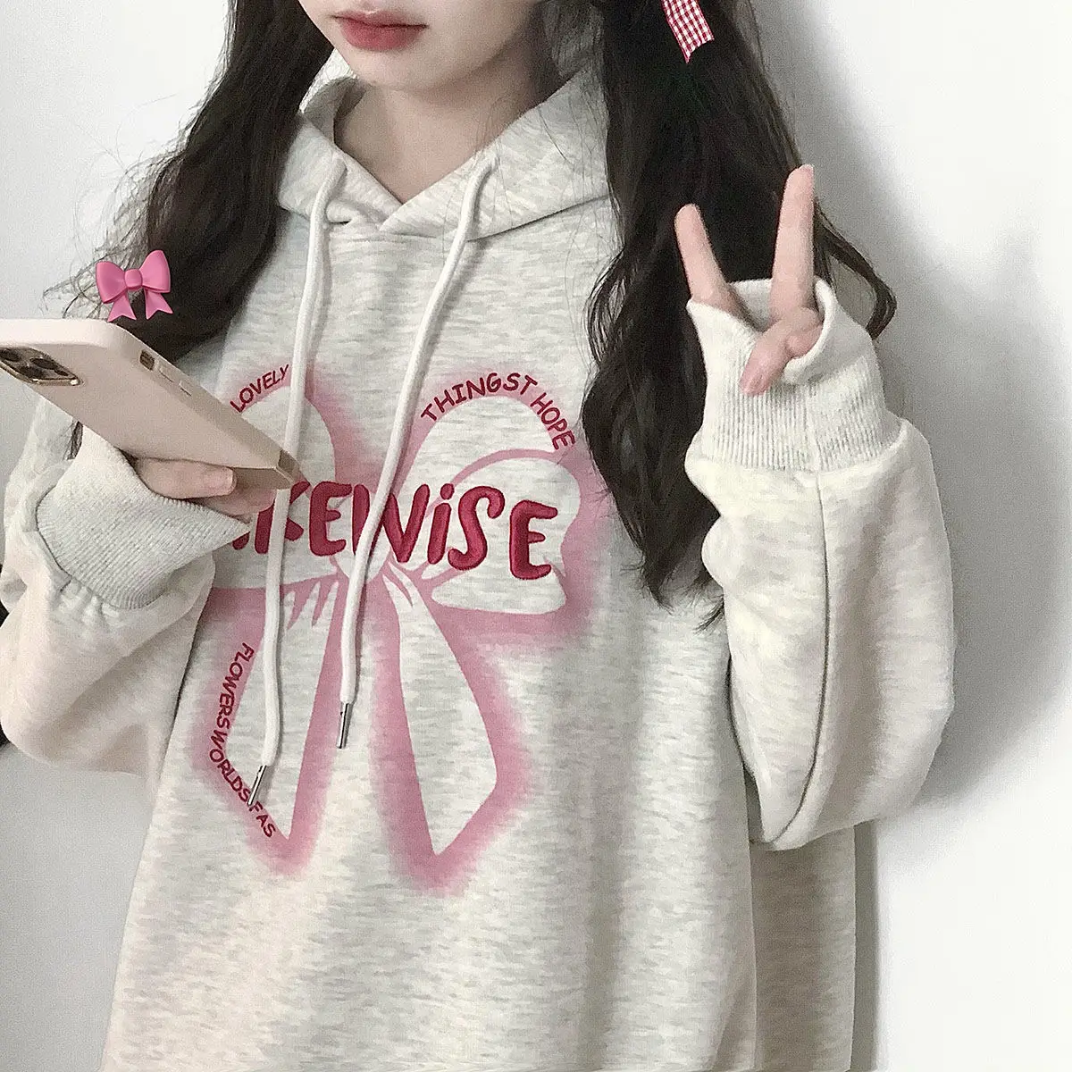 Gothic Loose Hooded Women Pullover Fashion Printed Long-sleeved Ladies Blouse Autumn Winter Outdoor Leisure Sweatshirt Bow Tie