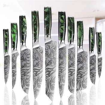 Damascus Pattern Kitchen Knife Set – Chef, Santoku & Paring Knives 1