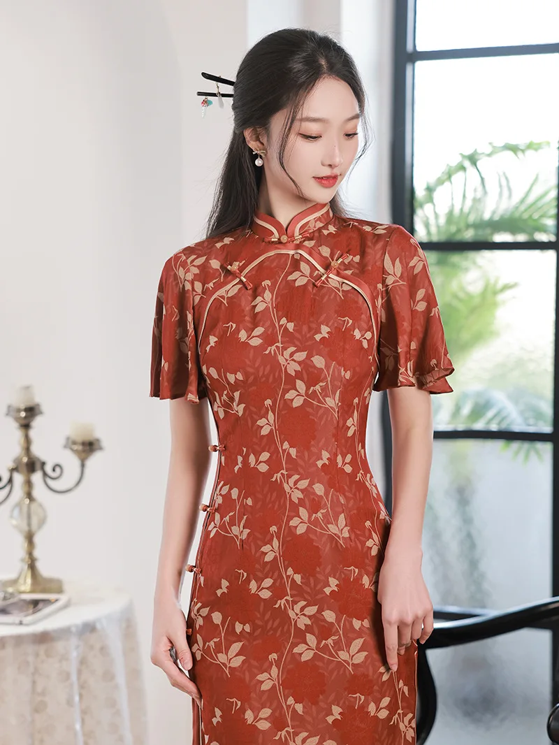 

Chinese Traditional Woman Red Print Qipao Costumes Banquet Mandarin Collar Cheongsam Retro Dress
