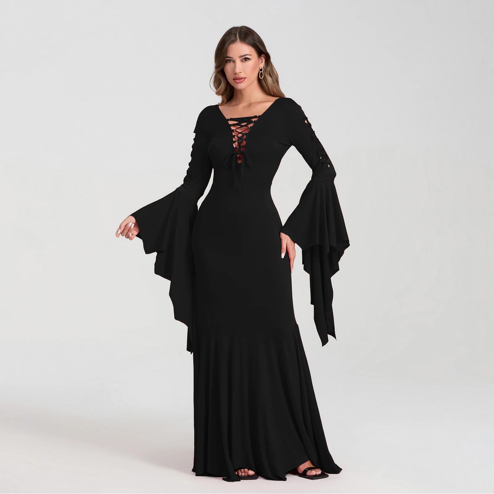 Women Halloween Vampire Cosplay Costumes Cut-out Cross Lacing Long Sleeves Bodycon Floor Dress Gothic Cosplay Outfits