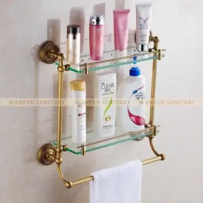 

Vidric Shelves 2 Tier Glass Antique Brass Wall Mounted Shelf Bath Holder Towel Bar Hanger Shower Storage Accessories Towel Rack