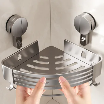 ชั้นวางของในห้องน้ำแบบสามเหลี่ยมแบบถ้วยดูดโดยไม่ต้องเจาะระเบียงติดผนังชั้นเก็บของห้องน้ำมุมชั้นเก็บของ 1