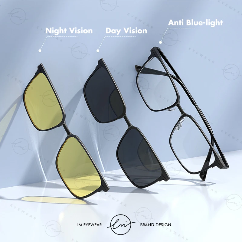 

LM Magnetic Sunglasses Men Women 3 in 1 Polaroid Clip on Sun Glasses Frame Fashion Computer Eyeglasses Anti Blue Light Glasses