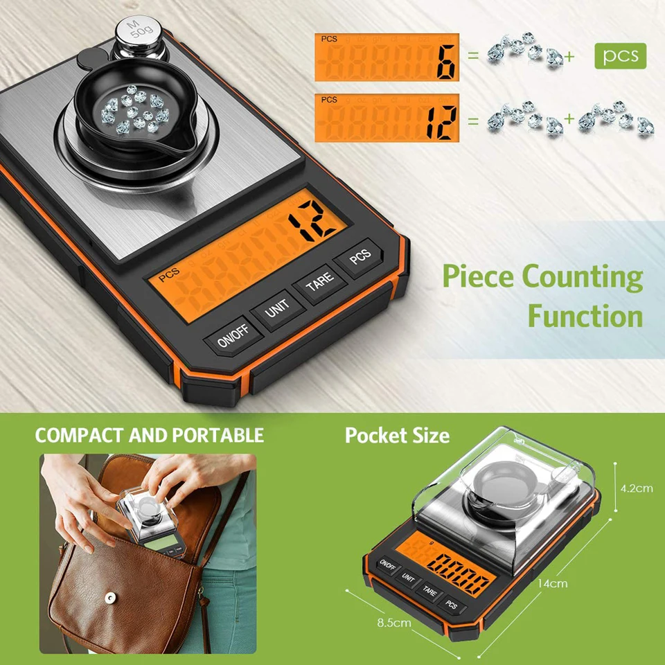 Digitale Taschenwaage mit 0,001 g Genauigkeit, 50 g Kalibriergewicht, Wägeschale und hintergrundbeleuchtetem LCD-Display_voghion.com