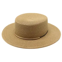 Summer Women Sun Hats Straw Caps 56-58cm Flat Brim Topper Hat Simple Thin Strap Travel Beach French Style TY0225