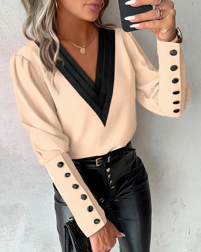 Blouse Women Solid Color Long Sleeve V Neck Patchwork Contrast Paneled Gigot Sleeve Buttoned Top Women All-Match Female Clothes casual denim skirts for woman solid paneled pockets high waist jean skirt sexy high split long skirt female vintage y2k clothing