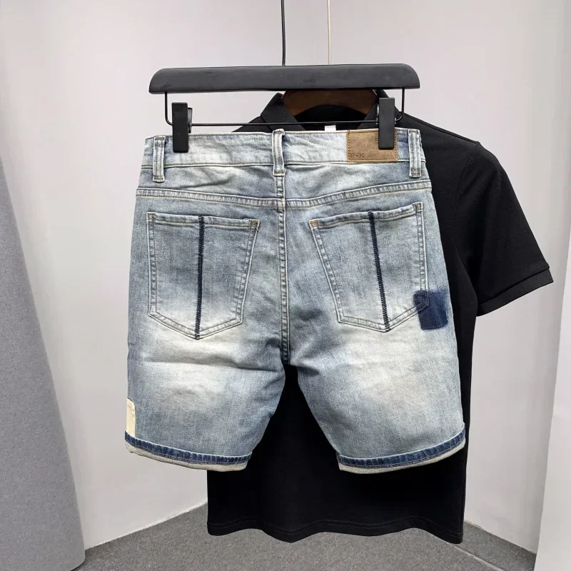 Male Denim Shorts with Pockets Blue Men's Short Jeans Pants Ripped Spliced New Harajuku Fashion Cowboy Thin ZL456