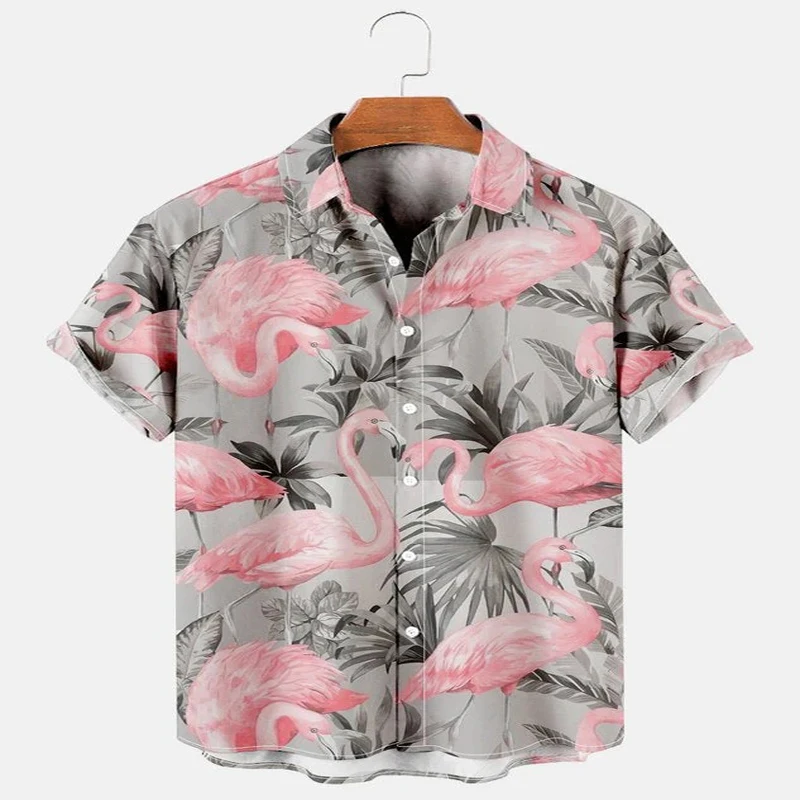 Flamingo Palm Leaf Short Sleeve Shirt 3D All Over Printed Hawaiian Shirt for Men and Women Casual Shirt Unisex