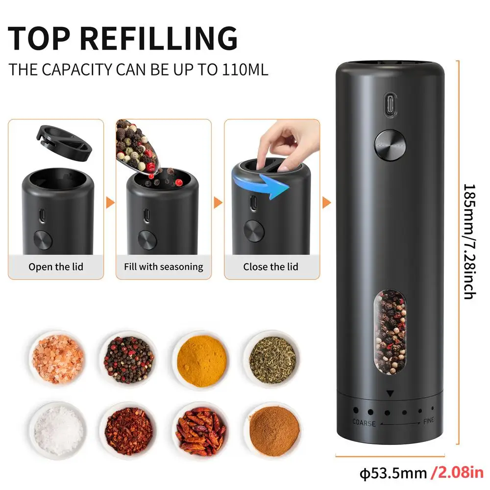 2pcs Electric Salt And Pepper Grinder Set Automatic Salt Pepper Mill Grinder, Adjustable Coarseness, Led Light