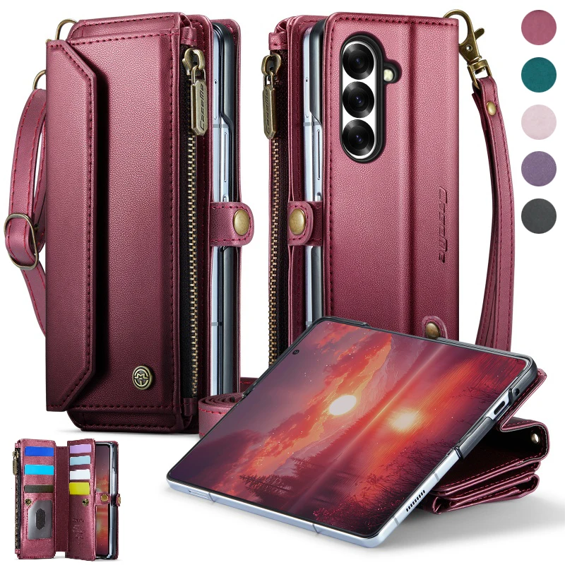Lanyard Leather Zipper Wallet Card Phone Case with Crossbody Flip Stand Cover