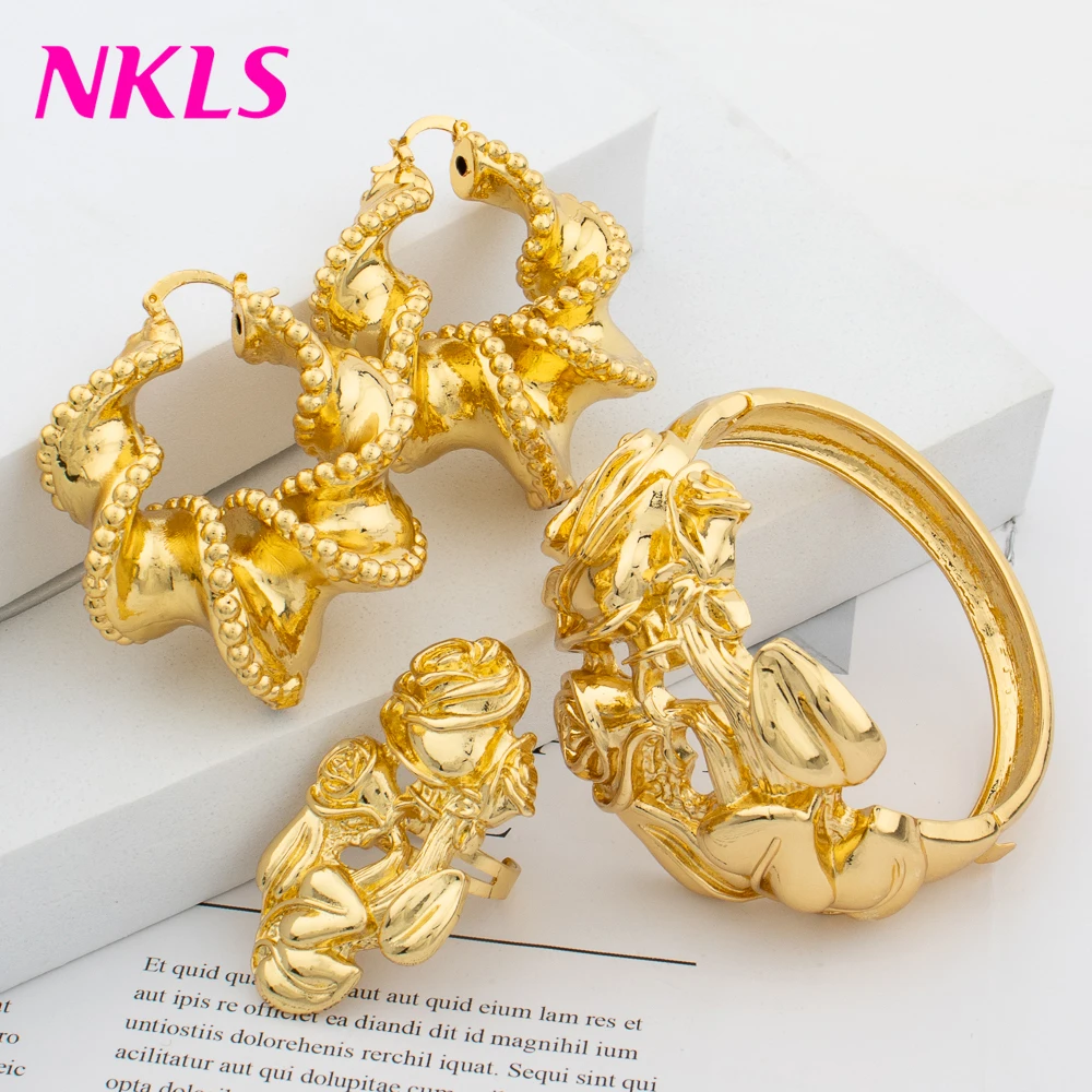 Bridal jewelry sets earring ring sets Dubai Women Luxury Bangles Earrings Rings Set High Quality Classic Gold Color Jewelry Sets Fashion Bridal Jewelry Wedding Party