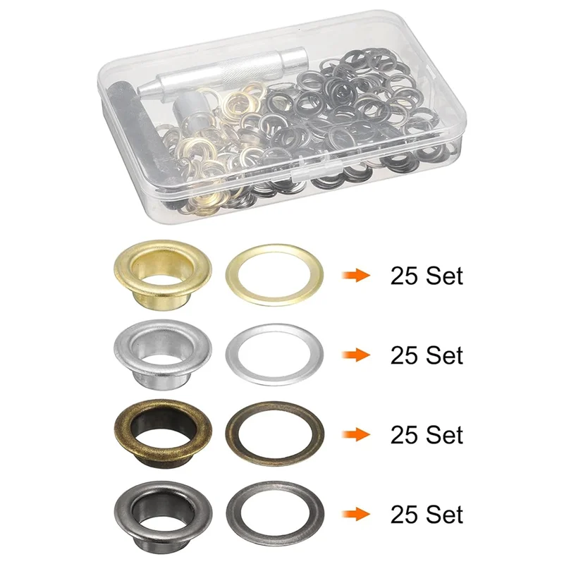 100Pcs Grommet Eyelets Tool Kit For Shoes Clothes Leather Fabric Belt DIY, Gold,Silver,Gunmetal,Bronze-AC82