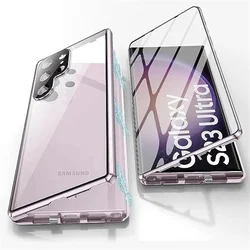 360° Full Protection Magnetic Snap Lock Double Sided Glass Phone Case with Lens Guard for Samsung S24Ultra (Purple)