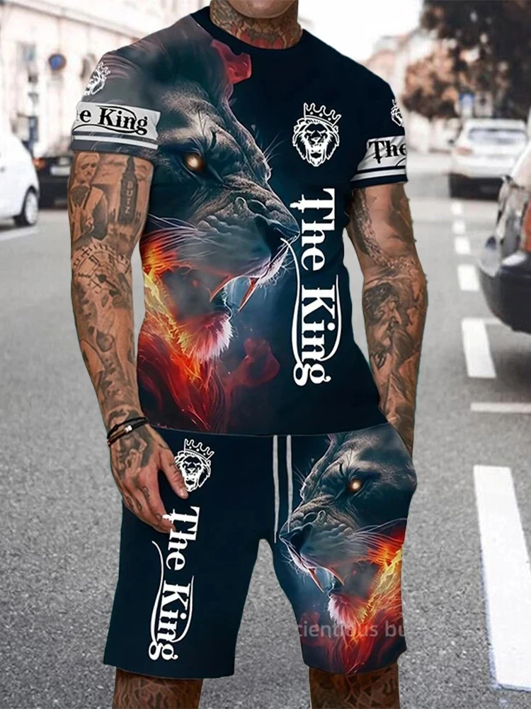New Men's Summer Casual Everyday Short Sleeve and Shorts Set Cool The Lion King Print T-Shirt and Drawstring Short Set Men's Set 5