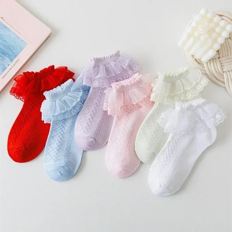 Girls Socks Summer New Mesh Style Cotton Thin Baby Socks Trendy Elastic White Lace Flowers Children Princess Socks