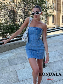 KONDALA Sexy Blue Denim Sheath Mini Party Dress Women Y2K Street Style Jeans Tube Backless Bodycon Dress Fashion 2023 Vestidos 1