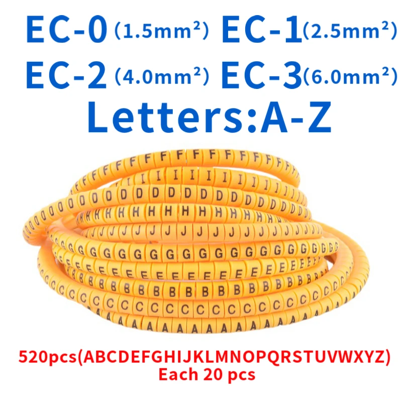 

EC-0 EC-1 EC-2 EC-3 ( A-Z ) 520PCS (Each20pcs ) yellow Cable Markers Letters 4sq.mm A to Z X for wire diameter Cable Marker