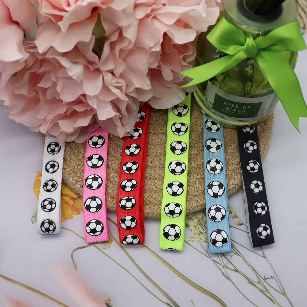 5/8" 15mm Soccer Football Sports Printed Fold Over Elastic Band FOE Ribbon For Sports Headband DIY Sewing Accessories
