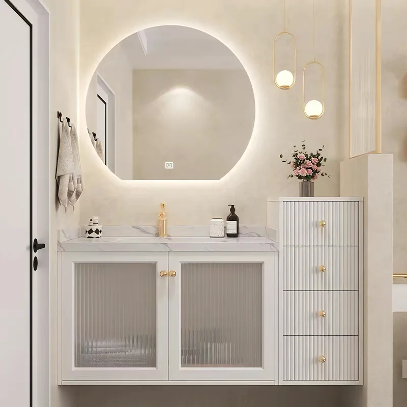 Modern Luxury Wall Mounted Bathroom Vanity With LED Mirror Solid Wood Bathroom Cabinets