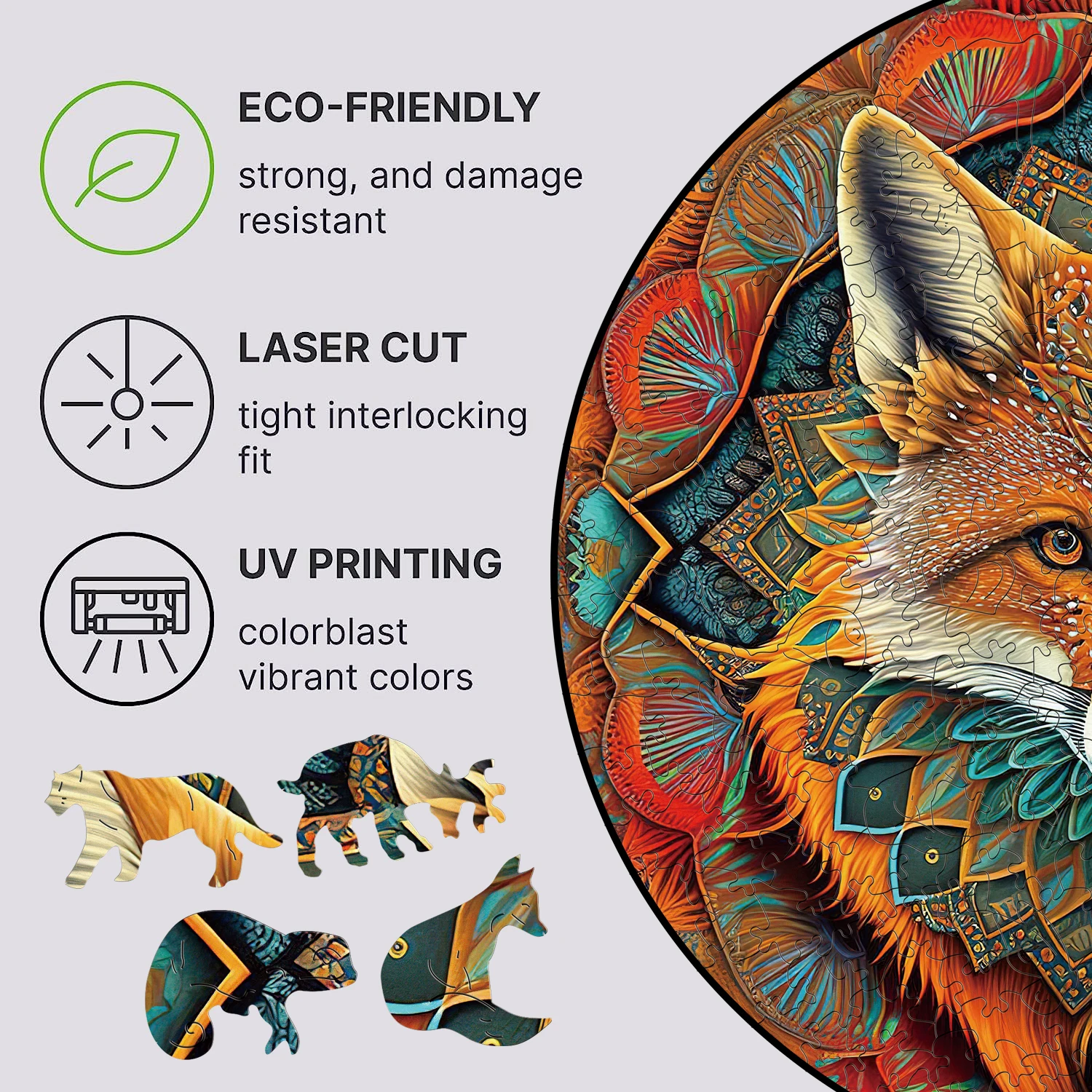 Wooden Puzzle Mandala Fox Ethnic Wooden Jigsaw Puzzle Unique Animal Shaped Pieces Charming Fox Puzzle Best Gift For Adults, Kids 6