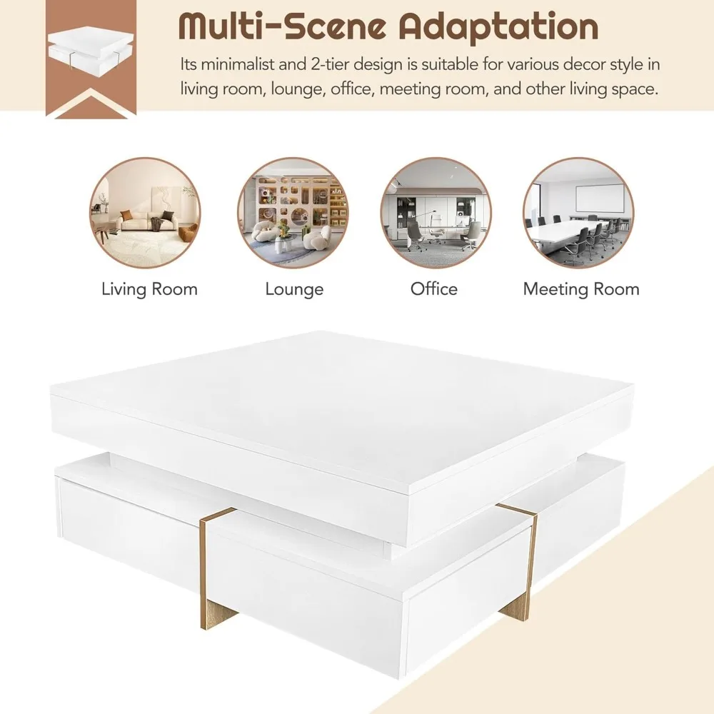 Modern Coffee Table with Storage, Contemporary Square Coffee Table with Drawers, High Gloss Modern Center Table for Living Room 6